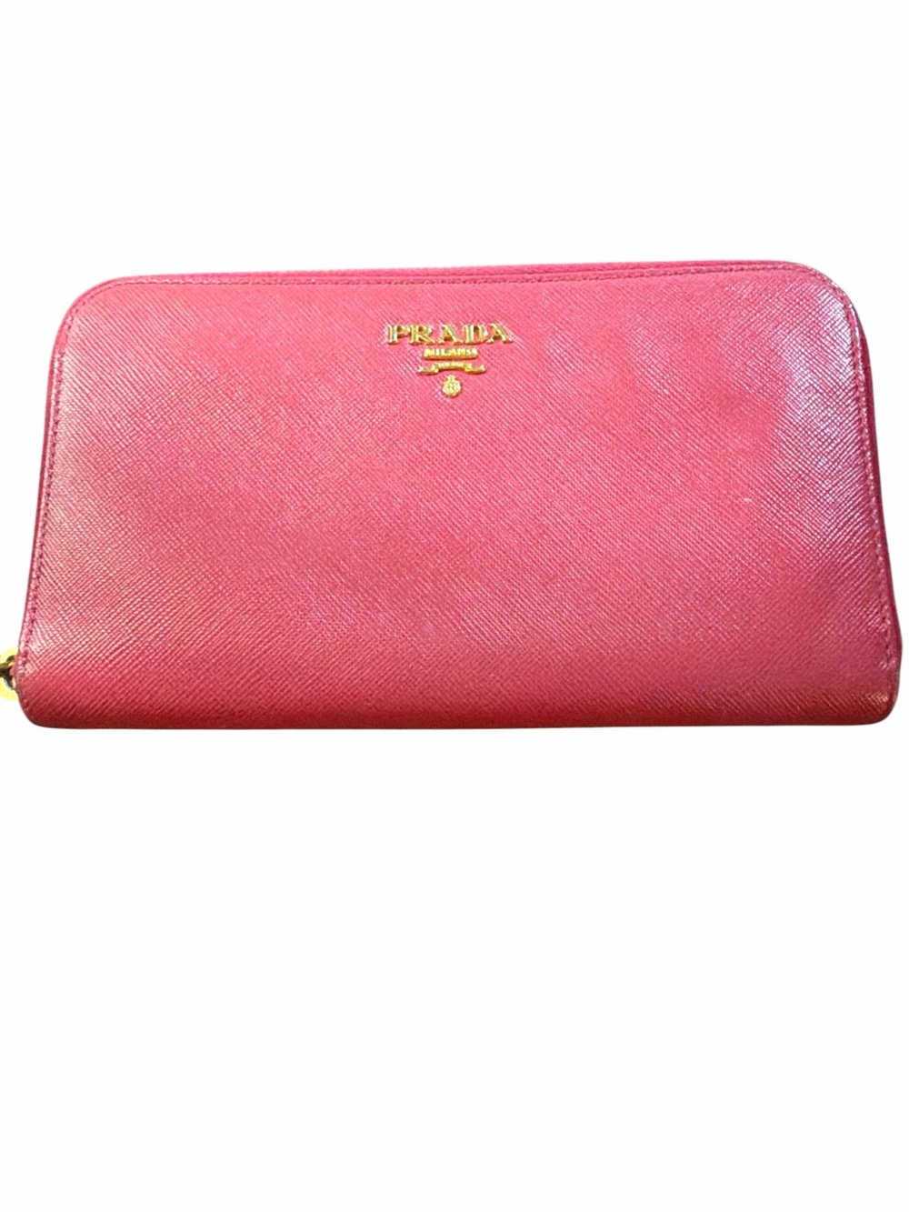 Prada Pink Saffiano Zip-Around Wallet with Gold Logo